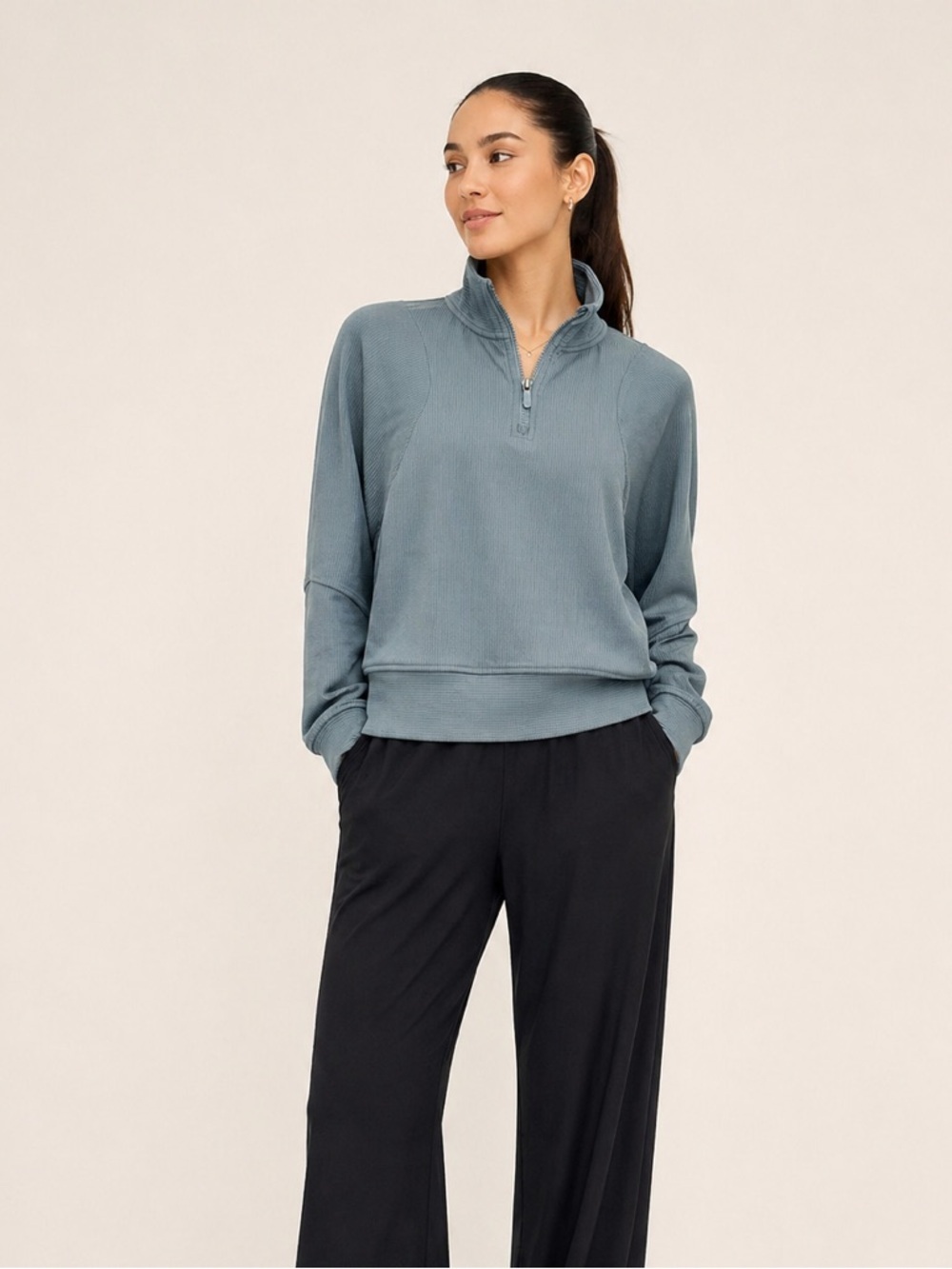 Zella Quarter Zip Sweatshirt Small Teal Ribbed Athleisure Lounge Workout Yoga